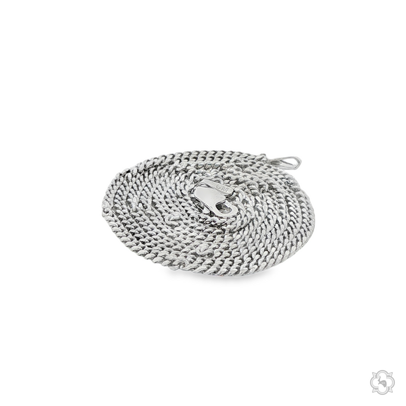 2.0mm polished .925 silver Miami Cuban chain with secure lobster clasp, coiled flat on white background