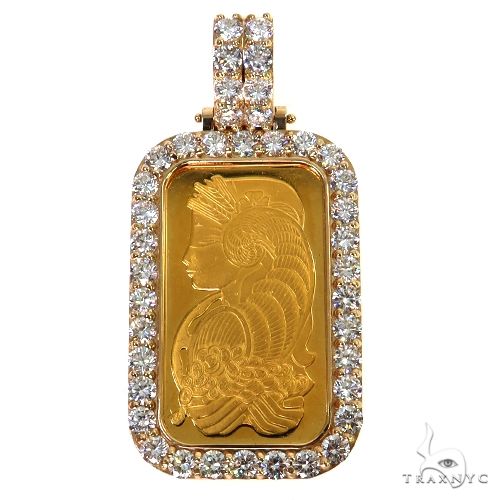 Men's gold bar diamond frame pendant – 1 oz 24k Suisse Pamp bar centered in prong-set lab diamond border, front view