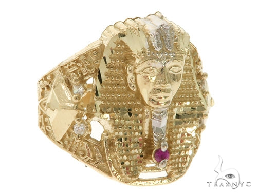 Men's 10K yellow gold Pharaoh ring with natural diamonds set in headdress and facial details – front view