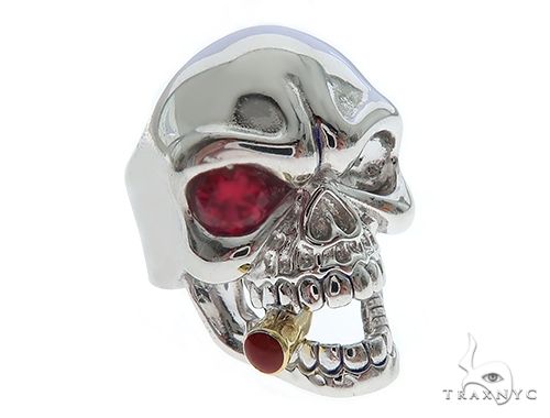 Men's 10k white gold skull ring with cigar detail – front three-quarter angle showing sculptural relief
