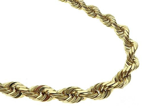 Solid 10K yellow gold diamond cut rope chain, 7mm width, close-up showing faceted link texture