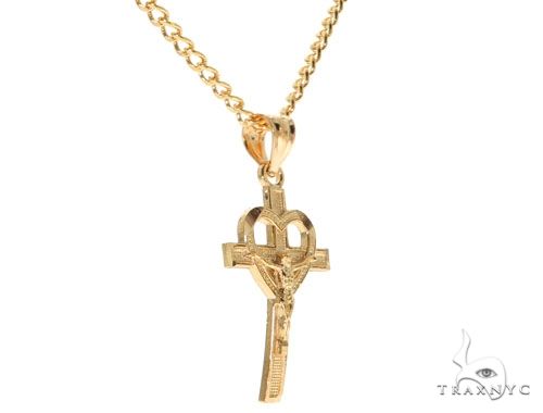 10K Yellow Gold Heart Crucifix Cross Charm 24 Inches Cuban Link Chain Set, photo 2 of 6