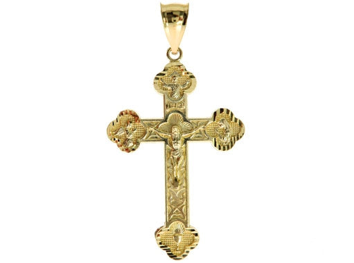 10K yellow gold Jesus cross pendant with detailed engraved design and smooth bail