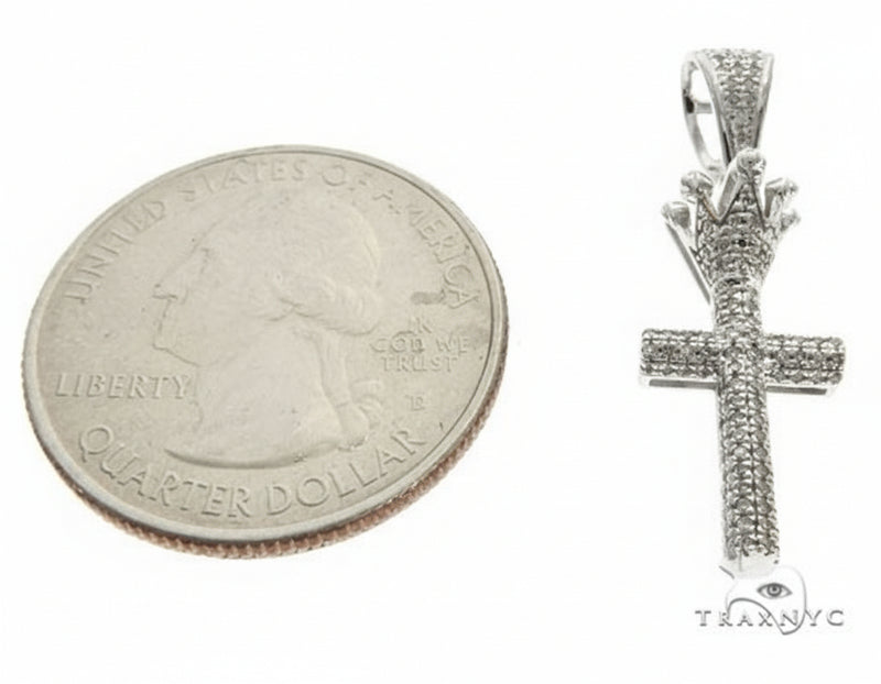 10K White Gold Micro Pave Diamond Small Crowned Cross Pendant, view 4