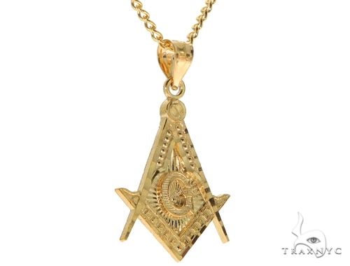 10K Yellow Gold Square and Compasses Masonic Instruments Charm Cuban Link Chain Set, photo 2 of 7