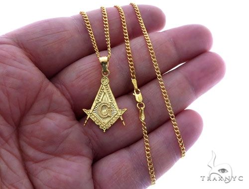 10K Yellow Gold Square and Compasses Masonic Instruments Charm Cuban Link Chain Set, photo 4 of 7