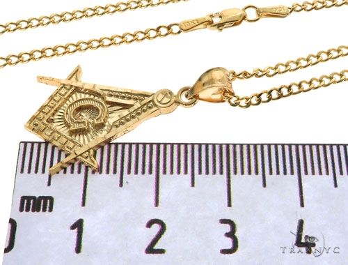 10K Yellow Gold Square and Compasses Masonic Instruments Charm Cuban Link Chain Set, photo 5 of 7