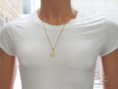 10K Yellow Gold Square and Compasses Masonic Instruments Charm Cuban Link Chain Set, photo 6 of 7