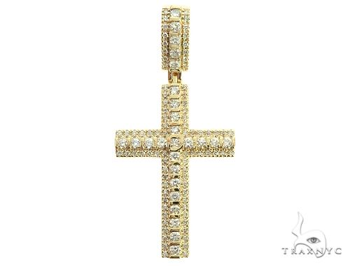 Diamond cross pendant in 10K yellow gold – tension set round diamonds, front view
