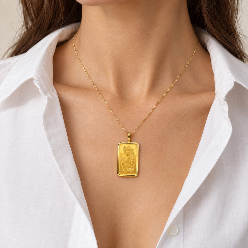 10 Gram 24K Gold Pamp Suisse Bar Sleek Frame Pendant 71925 - TRAX10