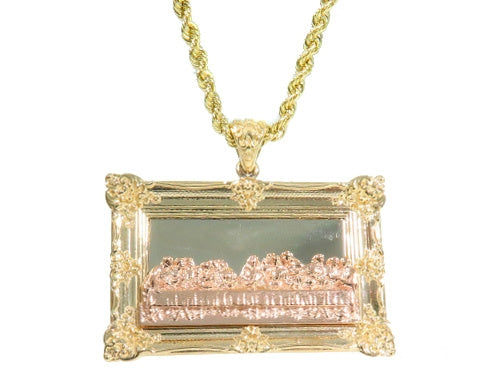 10K yellow gold Last Supper pendant with detailed rose gold Jesus figure on rope chain