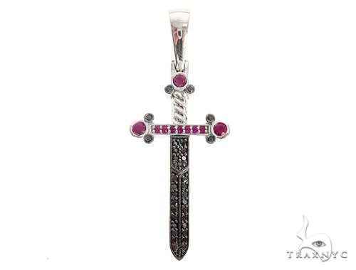 10k white gold sword pendant with black diamonds blade and ruby gemstone accents