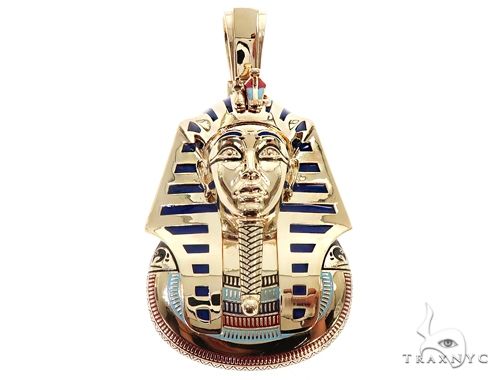 Custom 10k yellow gold King Tut pharaoh pendant – detailed sculptural face profile, front view