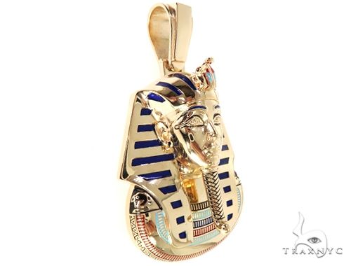 10k yellow gold Pharaoh King Tut pendant with blue enamel detailing and custom design