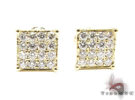 Yellow gold square stud earrings with clustered round diamonds, hip-hop men's style