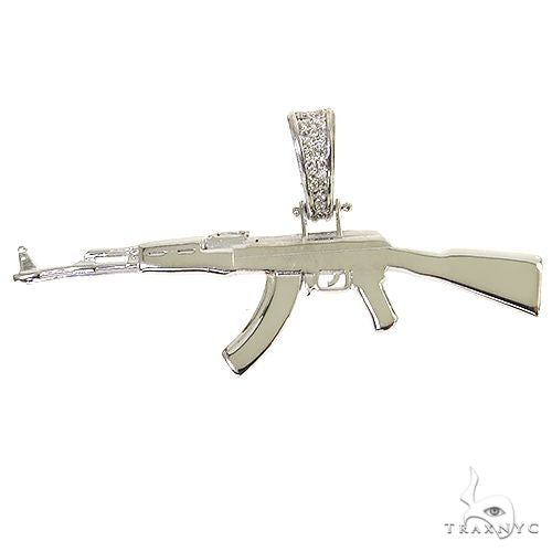 14K white gold AK-47 pendant with intricate detailing and diamond-encrusted bail