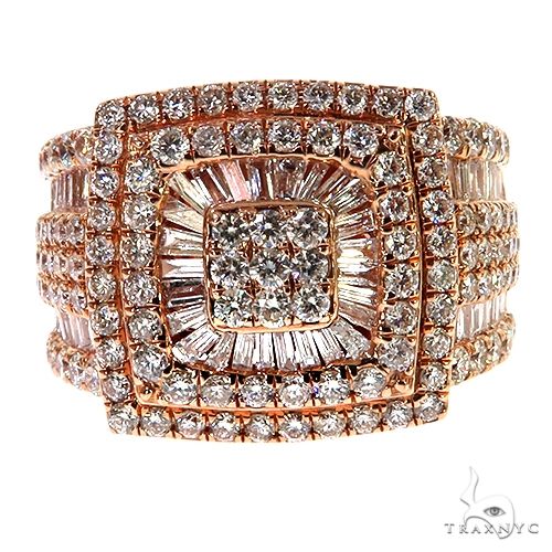 14K rose gold mens ring with baguette and round diamonds in a square halo design
