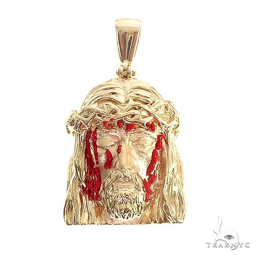 14K gold large Jesus face pendant with blood dripping detail, high-relief sculpted front view