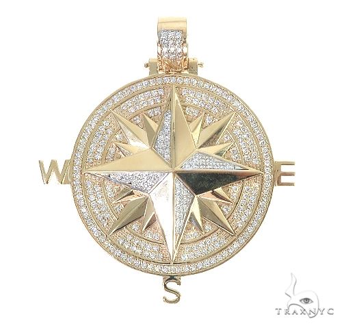 Compass diamond pendant in 14k gold – round-cut diamonds set across compass face, front view