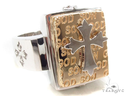 14K two-tone gold men's ring with raised cross on a textured rectangular face