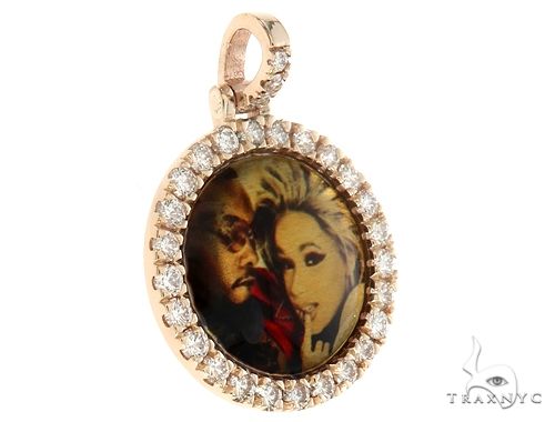 14K yellow gold round photo pendant with diamond halo and custom image center