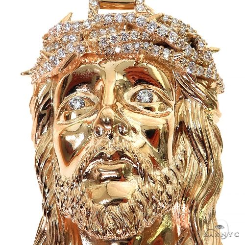 14K Gold Diamond Crown Jesus Pendant, photo 3 of 6