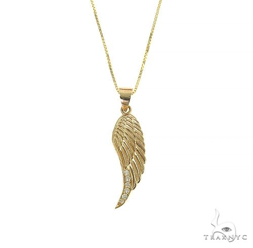 14K gold diamond half wing pendant set – round-cut stones on a wing-shaped silhouette, close-up front view