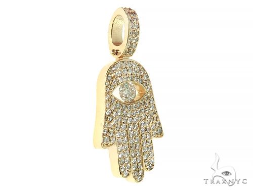 14K yellow gold Hamsa pendant with pave diamond detailing and a central diamond eye