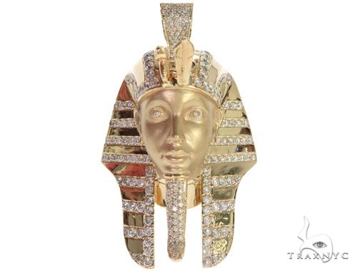 Yellow gold King Tut pendant with sandblasted face and diamond accents, men's Egyptian style