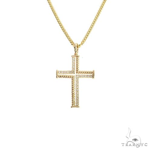 14K gold diamond Cuban cross pendant set — round-cut diamonds pavé-set across cross face with Cuban link chain