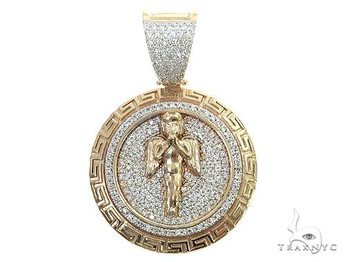 14K gold diamond angel pendant, prong-set round diamonds, front view