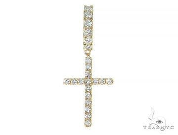 14K yellow gold single cross earring with sparkling diamonds in a vertical design.