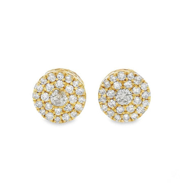 14K yellow gold diamond cluster stud earrings with round cut diamonds in a halo design.
