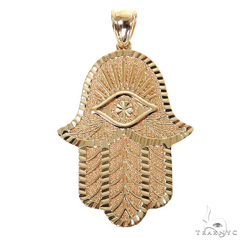 14K yellow gold Hamsa pendant with detailed feather and eye design, polished finish