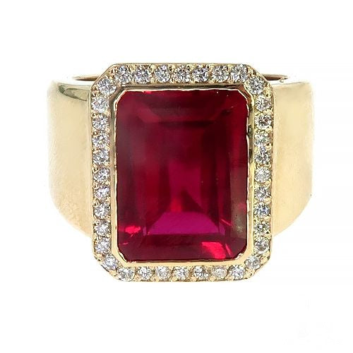 14k gold ruby and diamond mens ring – three-quarter view showing ruby center and diamond accents