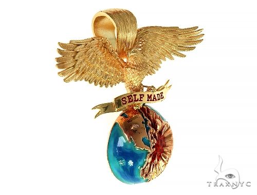 14K gold eagle pendant with detailed globe and "Self Made" banner men's jewelry