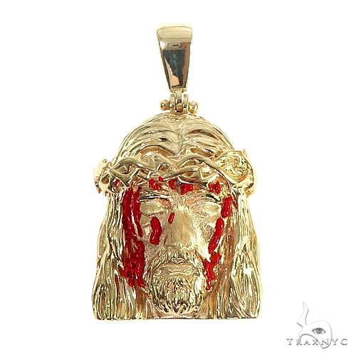 14K yellow gold Jesus face pendant with red blood drip details and crown of thorns