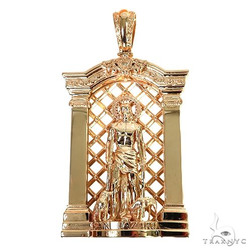 14K yellow gold St. Lazarus pendant with detailed lattice frame and engraved base
