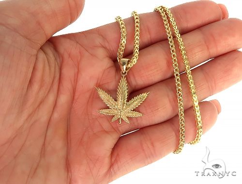 14K Gold Weed Pendant 10K Franco Chain Set, photo 4 of 7