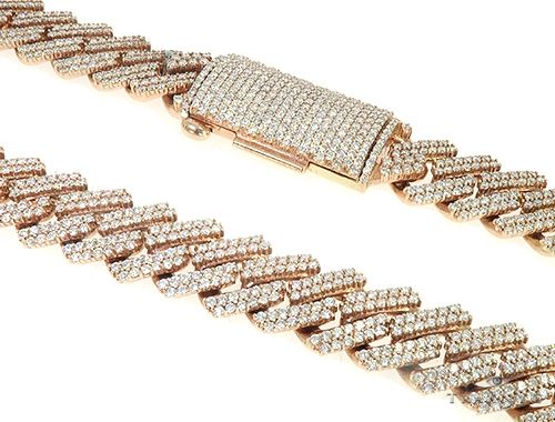 14K rose gold 2-row diamond Cuban link chain, 16mm wide, 22 inches long