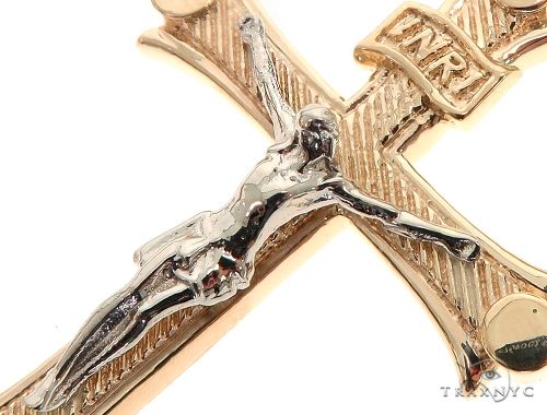 Two-tone 14K gold men's cross crucifix pendant with detailed Jesus figure and textured edges