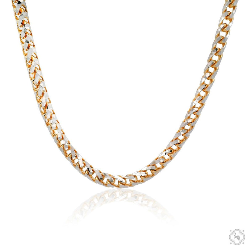 14K two tone gold diamond cut franco chain 4mm, yellow and white gold links, close-up detail angle