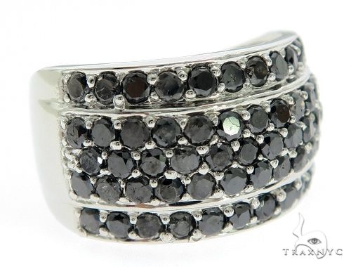 14K white gold band with three rows of round black diamonds