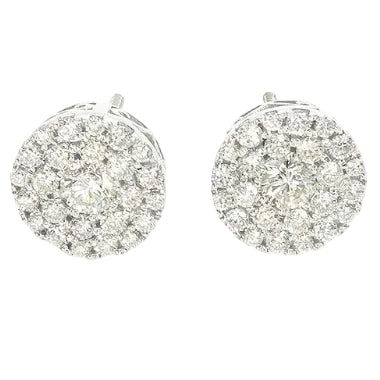 14K white gold round cluster diamond stud earrings with multiple sparkling diamonds