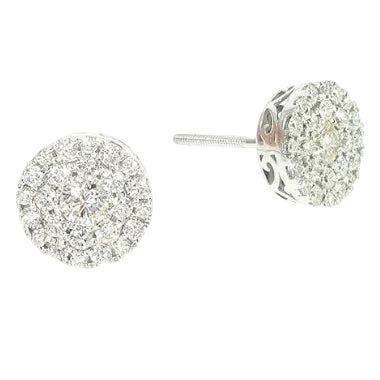 14K white gold round cluster diamond stud earrings with multiple sparkling diamonds