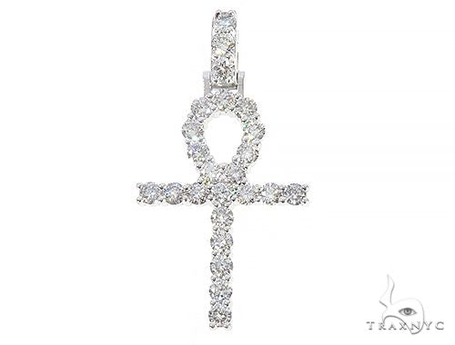 14K white gold ankh cross pendant with round white diamonds, men's jewelry