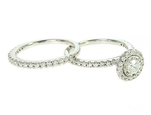 14k gold halo diamond engagement ring bridal set with round center stone and matching pavé diamond band