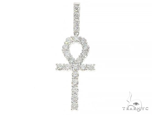 14k gold ankh cross pendant with prong-set round diamonds across face, front view