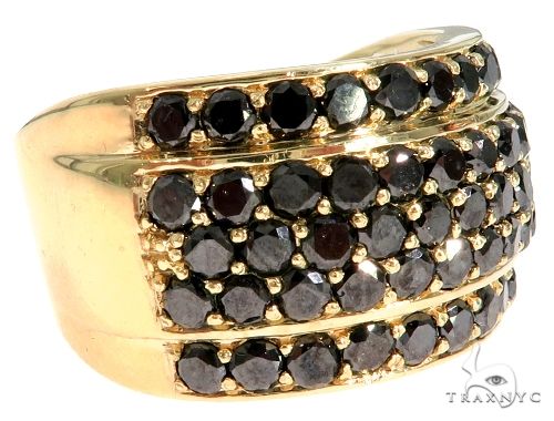Men's 14K yellow gold black diamond band, front view showing diamond-set band profile