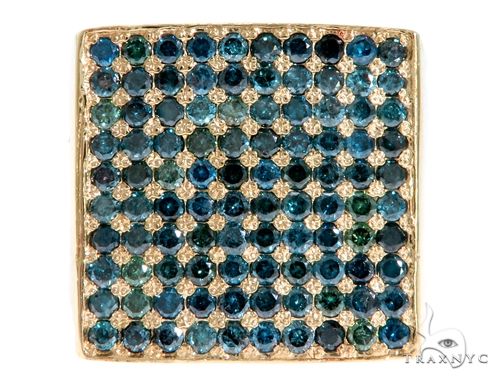 14K yellow gold men's ring with square top paved in blue and white diamonds